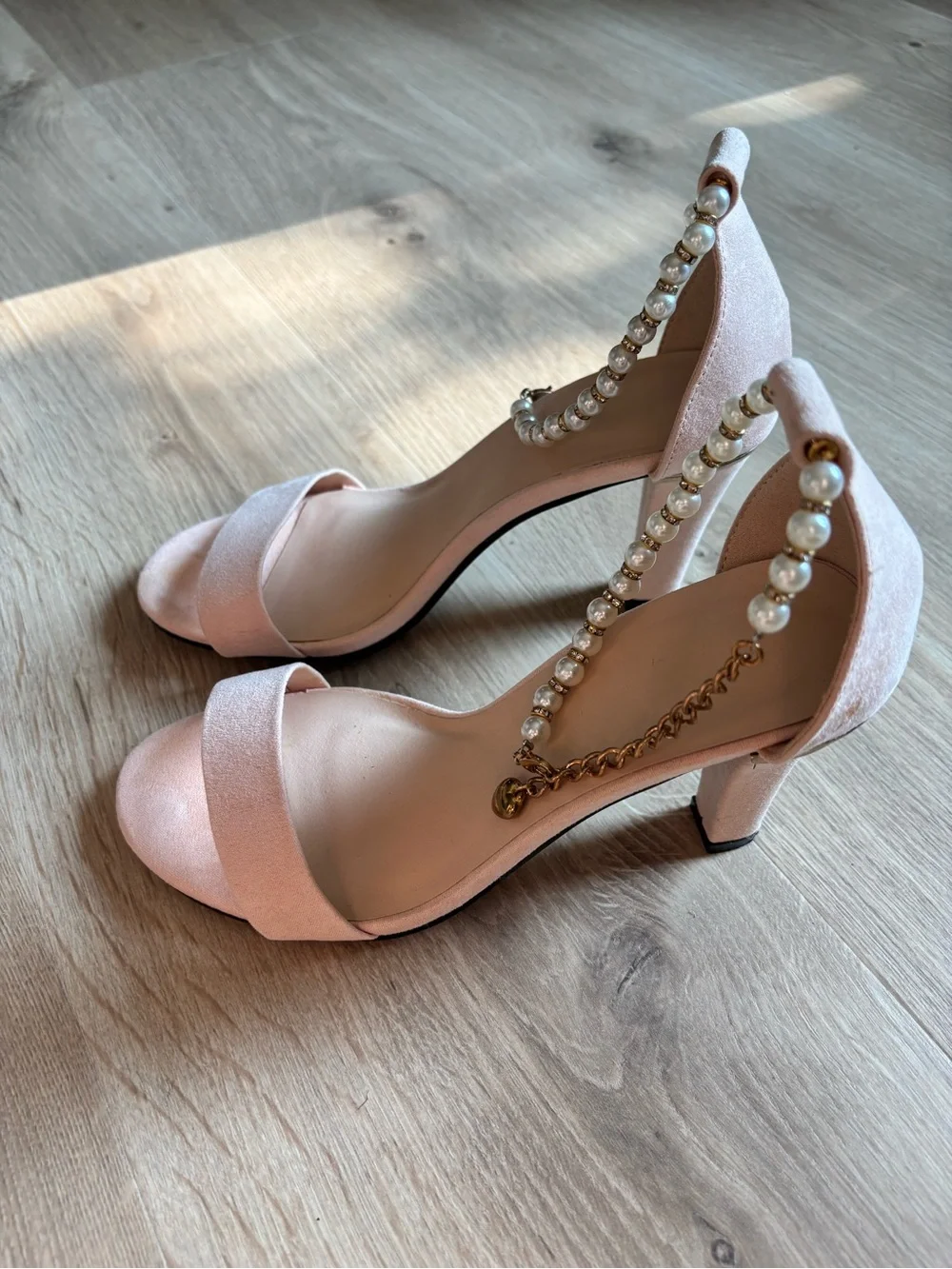 Women's Blush Pink Pearl-Ankle Strap Heels